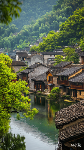 青砖灰瓦江南小镇与清澈河流的水乡风貌