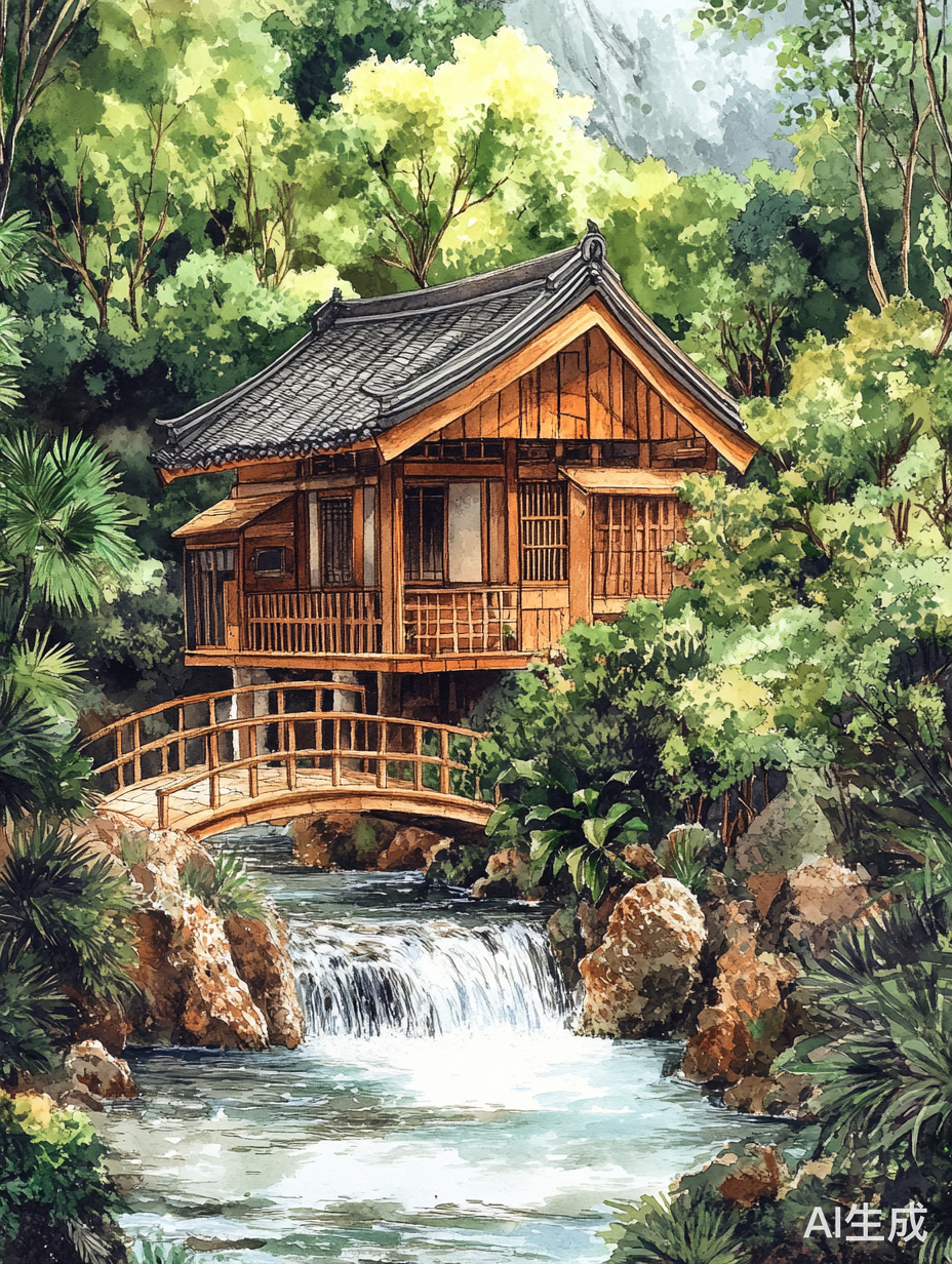 小木屋旁的美丽女人与郁葱风景