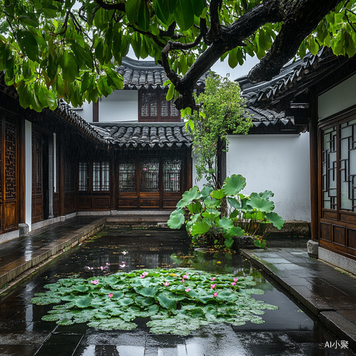 中国庭院雨中景色木屋与荷花点缀的美丽画面