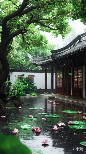 中国庭院雨中景色木屋与荷花点缀的美丽画面