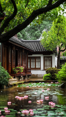 中国庭院雨中景色木屋与荷花点缀的美丽画面