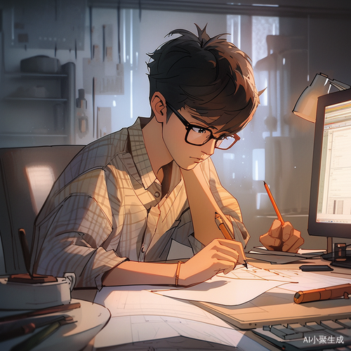 年轻数学工作者坐在办公桌前专注于计算
