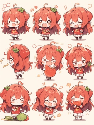 Tomato, chibi, 9 poses and expressions, nine panels, emoticons, emoticons [ happy, cute, expectant, laughing, happy ], ultra high definition