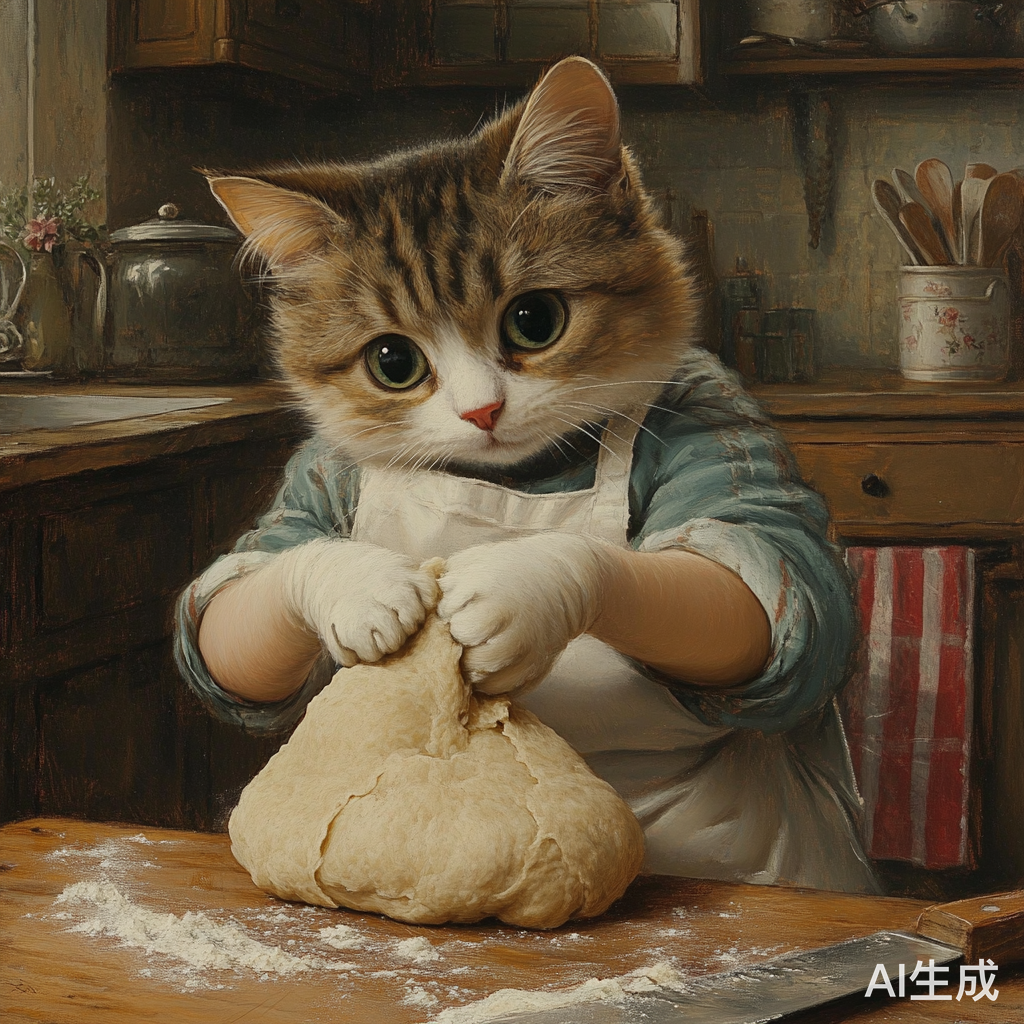 猫咪穿围裙在厨房揉面