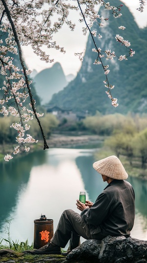 中景，自然光，摄影风格，早春时节，百花齐放，山青水绿，面对这秀丽的春光，一个古代男人在独自忧伤地喝酒，比例16：9 风格：摄影