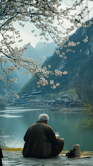 中景，自然光，摄影风格，早春时节，百花齐放，山青水绿，面对这秀丽的春光，一个古代男人在独自忧伤地喝酒，比例16：9 风格：摄影