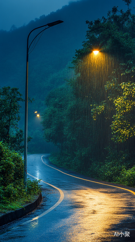 山林夜晚雨中路灯映照孤独树影