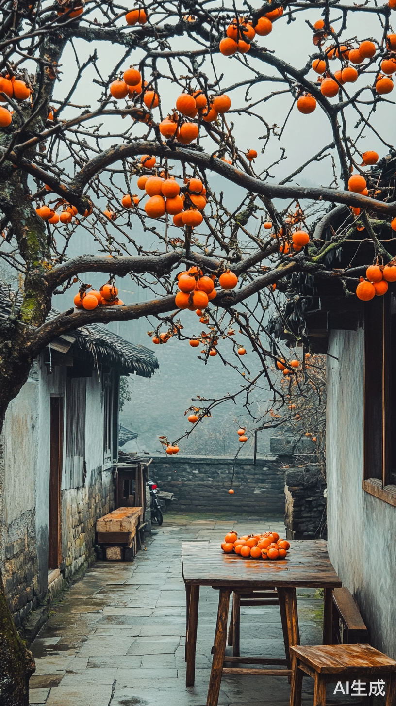 江南村庄阴沉小院柿子树静谧美好景象