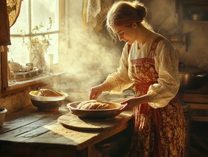 Ukrainian woman in herearly 30s wearing traditional folk clothing, preparing a table for a family meal in a cozy, rustic kitchen. The aroma of freshly baked bread fills the air, and sunlight filters through the window - 8k resolution, warmlighting, homely atmosphere. 漂亮的自然光影，超现实细节，捕捉自然本质，哈苏，La Mer，景深