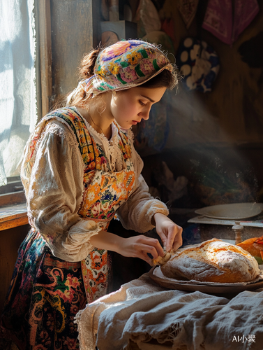 乌克兰女性穿传统服装在温馨厨房准备家庭餐