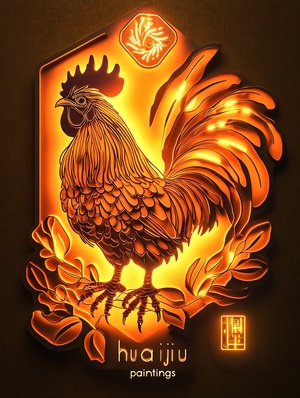 A high end cutout logo with a rooster and a bee. The rooster is in positive form and the bee is in negative form. The rooster is standing on the body of the bee. The background is a gradient of orange and yellow, and the artist's name is clearly engraved on a neon glowing brass plaque in the upper right of the image, which reads "HUAIJIU Paintings". 32KUHD quality 2 风格 真实 personalize 8dvz8n9 风格化 500