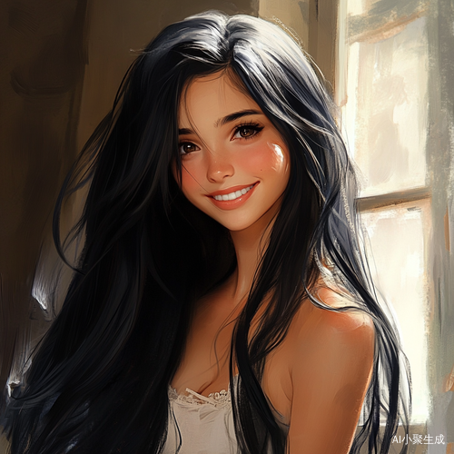 高挑黑发美少女开心的精致五官