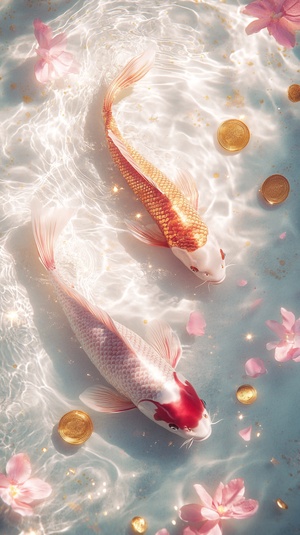 Surreal Pink Carp and Golden Koi in a Sparkling Pool