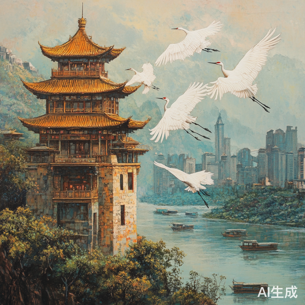 湖北黄鹤楼与白鹤长江俊男风光