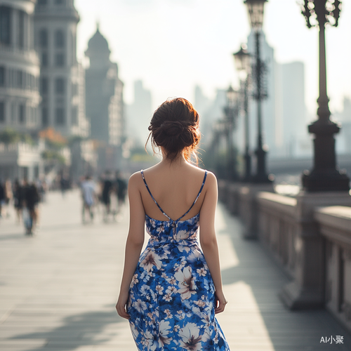 夏天上海外滩街道职业女性穿蓝色碎花连衣裙