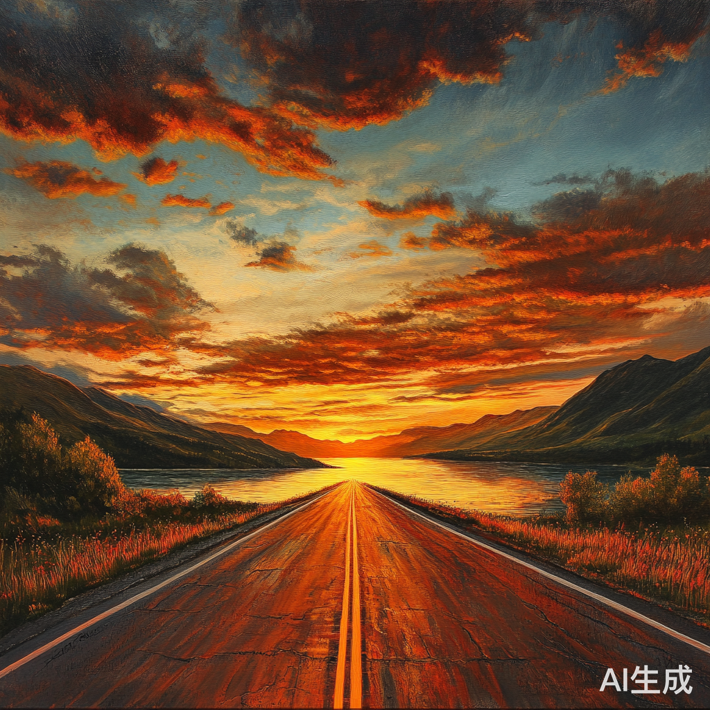 夕阳下的公路与湖面晚霞美景