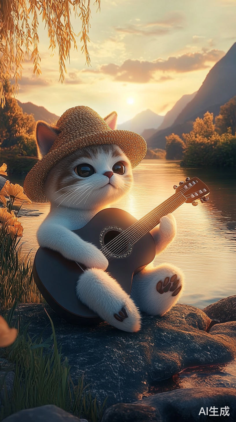 白猫草帽弹吉他夕阳下的唯美河畔景色