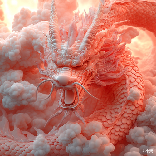 Light Red Asian Dragon Surrounded by Clouds in Hyperrealism Style