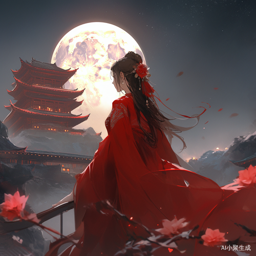红色旗袍女孩回眸映月远山亭子