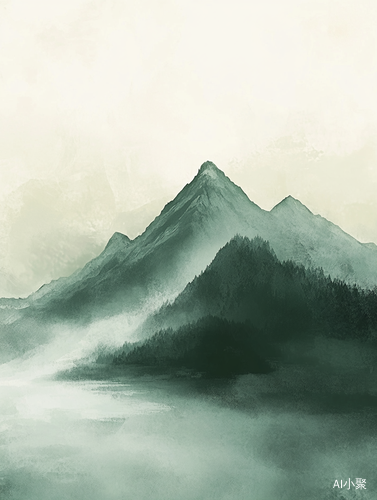 Elegant Minimalist Mountain Painting in Fog with Subtle Texture