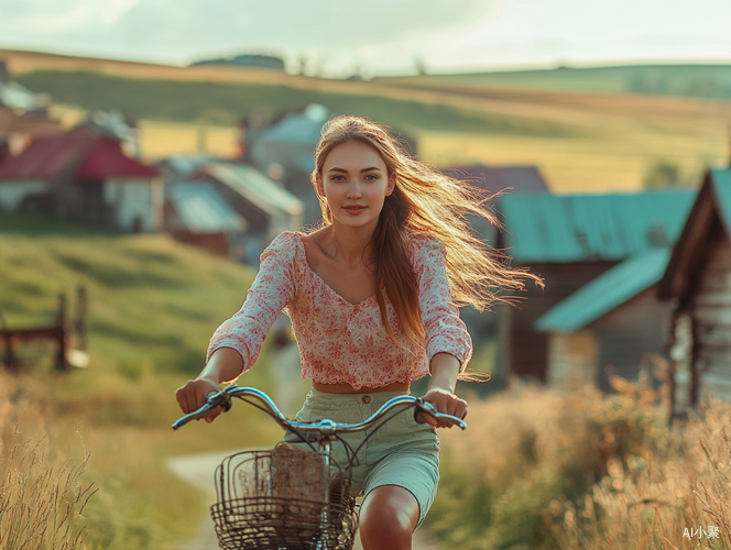 Ukrainian Woman Biking Through Quaint Village in Rolling Hills