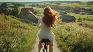 A Ukrainian woman in her early 30s, riding a bicycle through a small village, her hair blowing in the breeze. The village issurrounded by rolling hills and quaint houses with colorful rooftops - 8k resolution, pastoral setting, nostalgic feel. 漂亮的自然光影，度假风格，写实，超现实细节，捕捉自然本质，哈苏，La Mer，景深