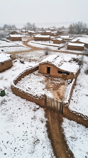 冬季中央的一座小土坯房，村庄，几处房子，屋顶和墙壁覆盖着雪，房子正前面有泥墙，栅栏大门，一座标准的农家小院，泥土路、覆盖着雪的地面和灰暗的天空，使用iPhone相机拍摄。该场景在无人机镜头下拍摄，鸟瞰图