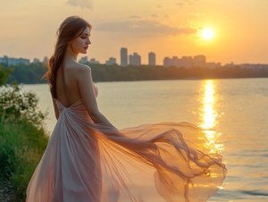 A 30-year-old Ukrainian womandressed in a flowinggown, standing by the Dnipro River,the water reflecting thecolors of the setting sun. Herpose is elegant and graceful, with Kyiv's skyline in the distance- 8k resolution, ethereal, soft glow. 漂亮的自然光影，度假风格，写实，超现实细节，捕捉自然本质，哈苏，La Mer，景深