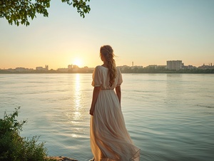 A 30-year-old Ukrainian womandressed in a flowinggown, standing by the Dnipro River,the water reflecting thecolors of the setting sun. Herpose is elegant and graceful, with Kyiv's skyline in the distance- 8k resolution, ethereal, soft glow. 漂亮的自然光影，度假风格，写实，超现实细节，捕捉自然本质，哈苏，La Mer，景深 130mm