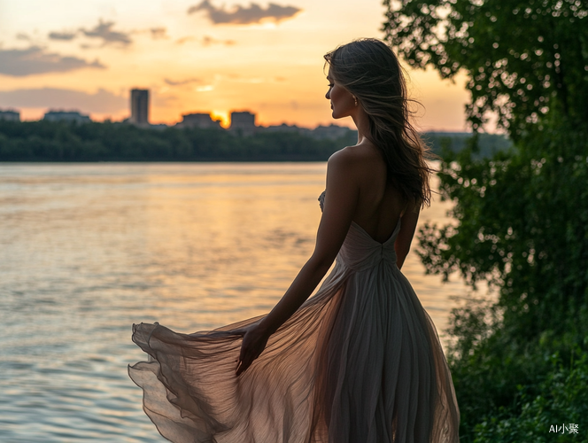 优雅乌克兰女子与夕阳倒影的宁静瞬间