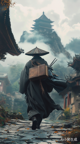 书生背书箱艰难穿行古寺山路