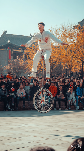 萨摩耶骑独轮车在广场上精彩杂技表演