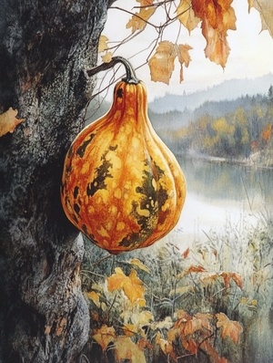 A beautiful gourd is hanging on the tree.