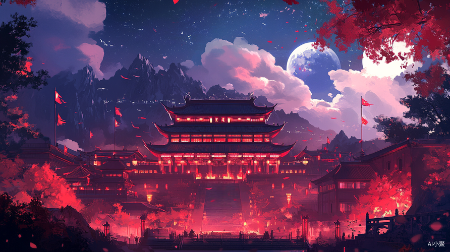 红色灯光映衬下的中国风夜景城市插画