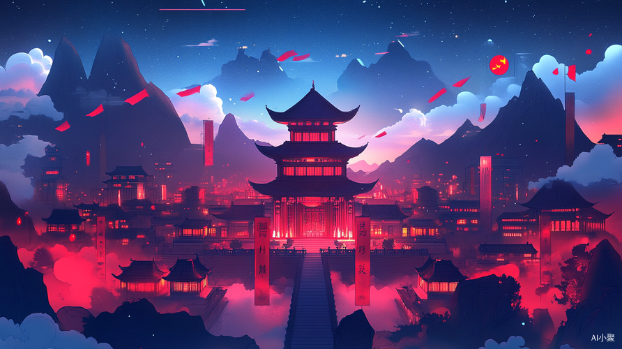 红色灯光映衬下的中国风夜景城市插画