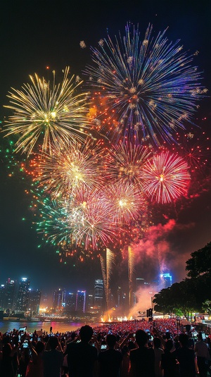 我们庆祝国庆节！夜幕低垂，美丽的城市灯光照亮了整个城市，高楼大厦、雕塑、广场和公园等等绚丽多彩。红色、黄色、蓝色和绿色的烟花绽放在空中，带来无限的想象力和幸福感。大家欢聚一堂，共庆这特别的日子。我们在温暖的阳光下，高兴地唱着国歌，感受着美好时光。镜头从不同角度拍摄，记录下这难忘时刻，切换多个景点，共享这个美好的节日。