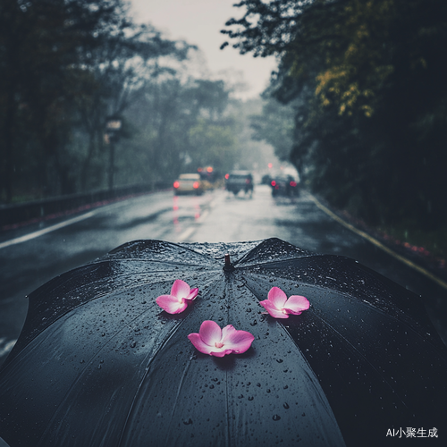 下雨天撑伞观察雨滴与花瓣的第一人称视角