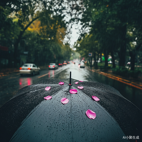 下雨天伞上花瓣与雨滴的第三人称视角