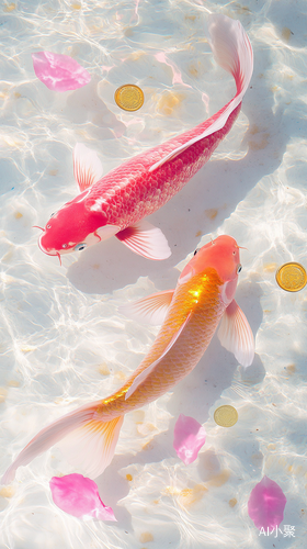 Pink Transparent Carp and Koi Fish in Surrealistic Sparkling Pool