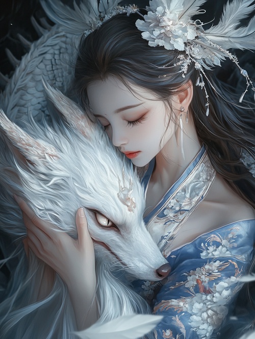 A young woman wearing a traditional Chinese Hanfu dress, surrounded by an elegant nine-tailed fox spirit with long hair and a flowing silver tail, in a fantasy style, digital art with high detail, perfect composition, dark background, anime aesthetics, soft lighting, and bright, dreamy colors. The character is holding the head of a large flying dragon in her arms, with white feathers fluttering around her neck. A close-up portrait. ar 3:4