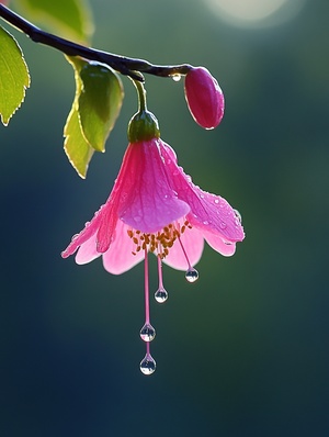 A pink flower hanging on the branch, with water droplets dripping from it and other flowers blooming nearby. The photo was taken using a Canon EOS R5 camera, a 20mm f4 lens, and natural light. It features high-resolution and ultra-high-definition images.