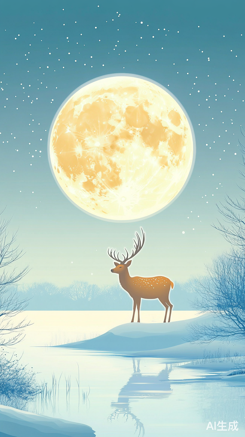 唯美月升湖畔梅花鹿插画高清16K虚幻风景
