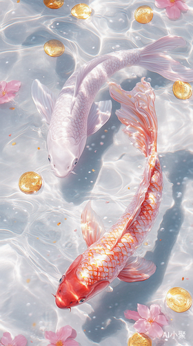 Surreal Pink Koi Fish in Sparkling Pool with Golden Corns and Petals