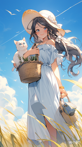 麦田中的小美女与可爱猫咪的画作