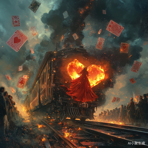 断裂火车与乌云下的红色戏袍燃烧场景