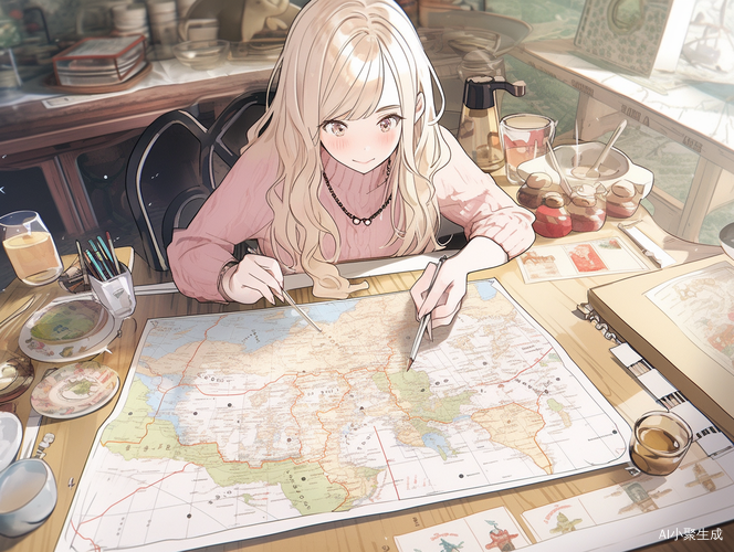 溫柔女孩在咖啡館標記心動旅行目的地插畫
