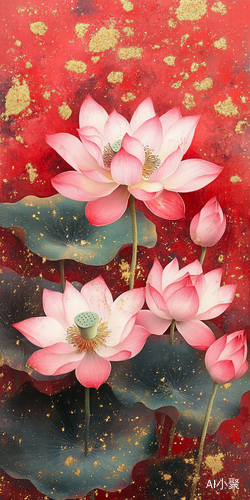 Hyperrealistic Pink Lotus Phone Wallpaper with Gold Glitter on Red Background