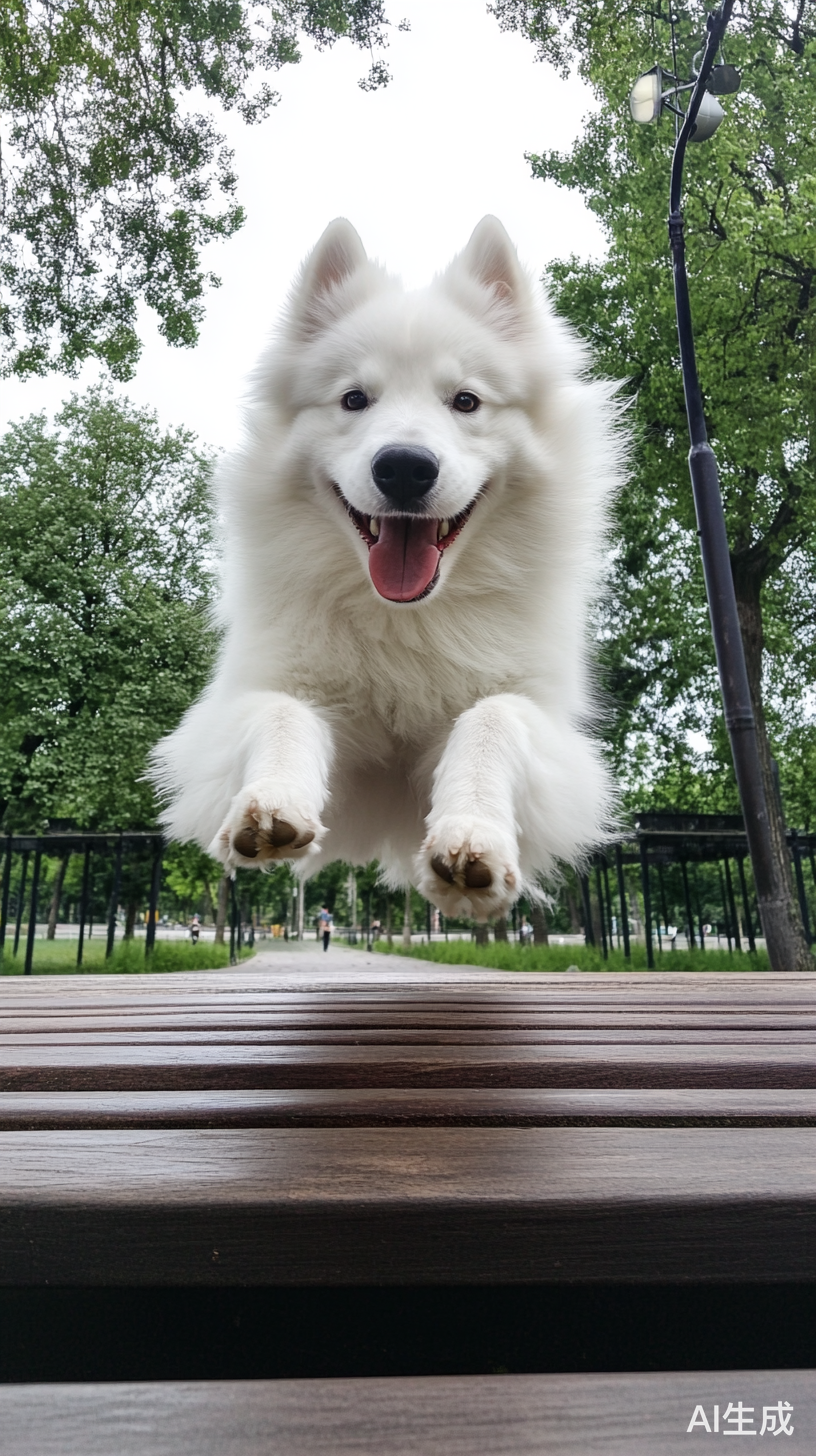 萨摩耶公园遛弯时跳跃跨栏