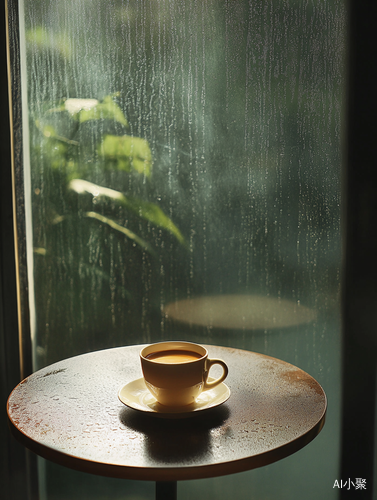 室内圆形茶桌上的咖啡杯与窗外小雨