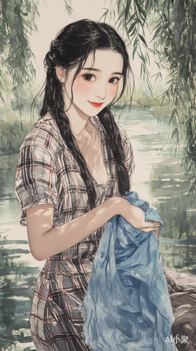 美丽女子河边洗衣的水墨画